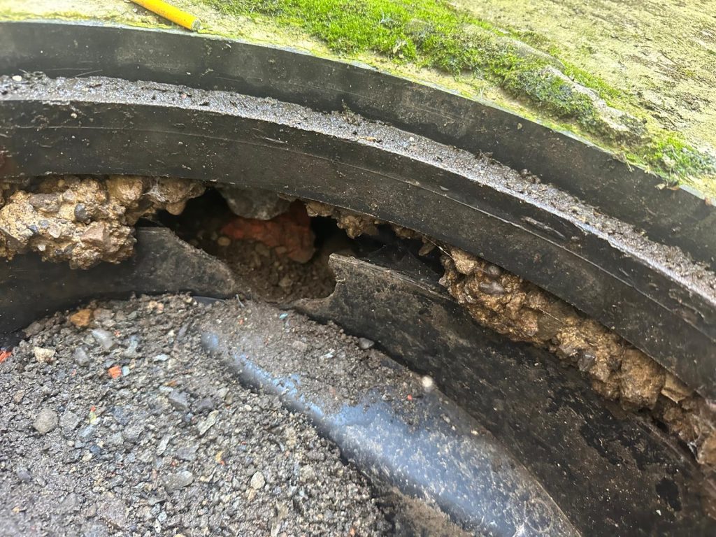 Plastic inspection chamber gnawed by rats during a rodent investigation at student accommodation in Sunderland (SR1).